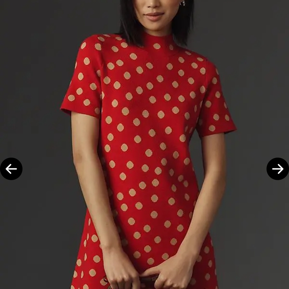 Anthropologie Red and Gold Polka Dot Mini Dress